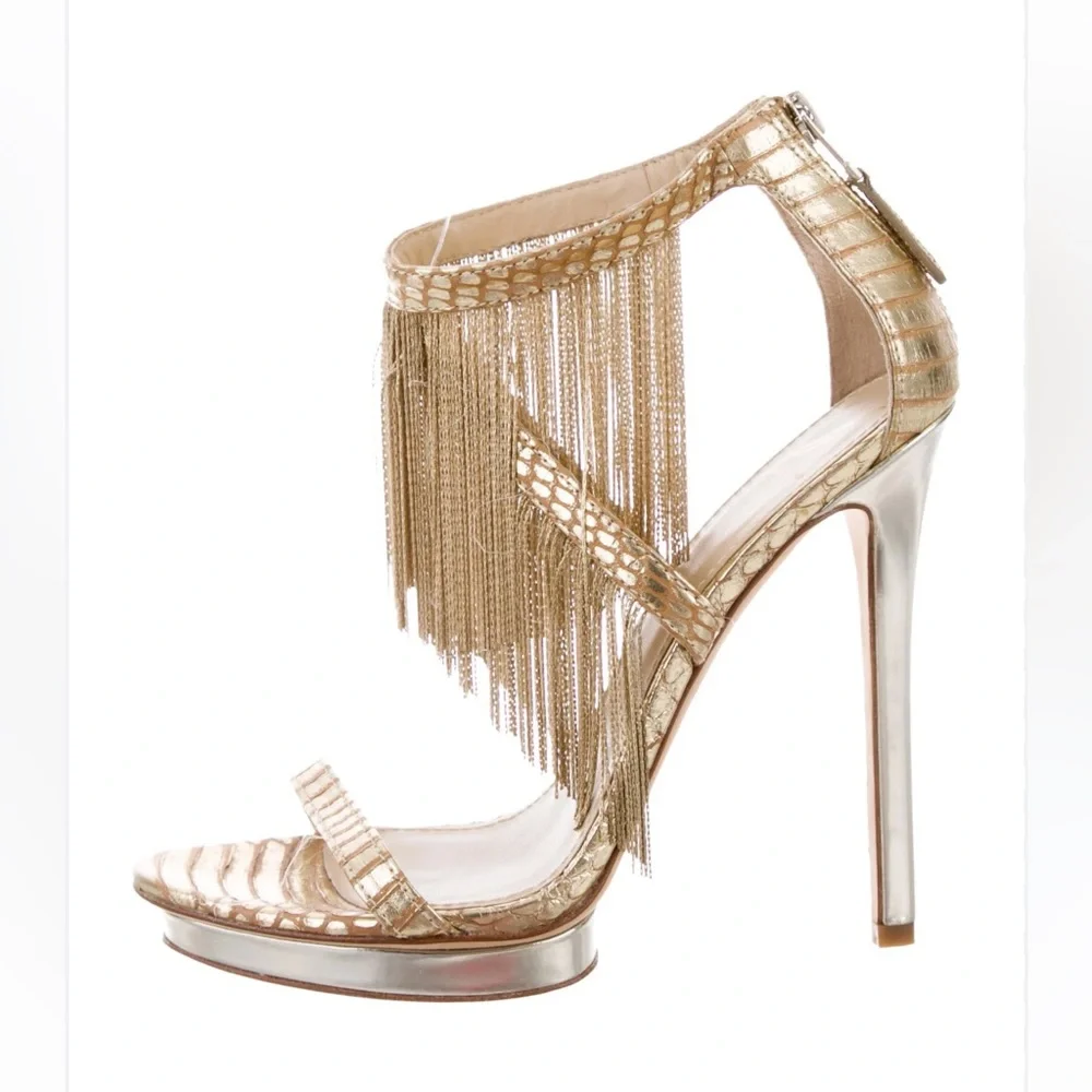 Brian Atwood Gold Fringe Sexy Heels Holiday Party‎ Christmas New Year shoes 7